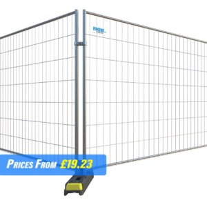 Square top standard budget panels erected in a hi-vis yellow block and secured to an adjacent panel with a robust metal coupler.