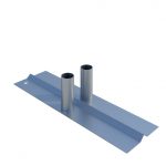 The image displays a double metal foot, which consists of two cylindrical metal tubes standing upright and parallel to each other. They are affixed perpendicularly to a flat metal base that extends outward on both sides, creating a T-shape when viewed from above. The entire structure appears to be made of the same metallic material and has a reflective surface, suggesting it is likely stainless steel or aluminum. The background is plain and does not distract from the object in focus.