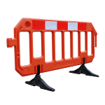 bright orange, blow-molded 2-meter long by 1-meter high barrier compliant with UK Chapter 8 regulations. It comes complete with a Class 2 reflective strip and weighted rubber feet that rotate to allow the barriers to be stacked flat or side by side for storage. The barriers connect together with a unique clip system that is self-contained within the barrier when not in use. The vertical slats and black, flat feet provide stability, making it ideal for crowd control or cordoning off areas for safety and security purposes.