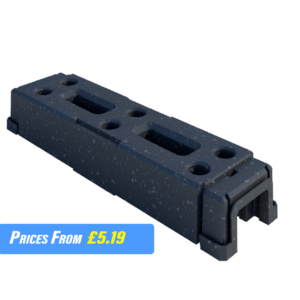 Single thermo plastic block, designed for stability and durability, typically used as a base for fencing panels and gates. The block is rectangular and made from recycled materials, weighing approximately 16kg.