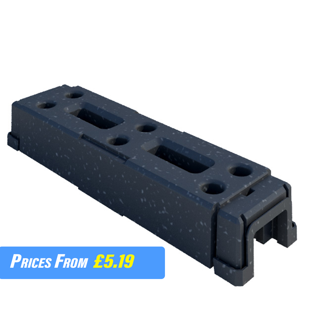 Single thermo plastic block, designed for stability and durability, typically used as a base for fencing panels and gates. The block is rectangular and made from recycled materials, weighing approximately 16kg.