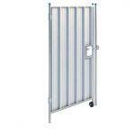 A hoarding pedestrian gate made of vertical metal sheets with a horizontal support bar at the top. The gate has a wheel at the bottom right corner for mobility and a latch on the right side for securing it closed. It is supported by metal poles on either side, and there’s a handle on the left for opening and closing the gate.
