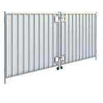 A large, double-panel hoarding vehicle gate made of vertical metal sheets. The gate has a sturdy frame with a locking mechanism in the center and wheels at the bottom for sliding open and closed.