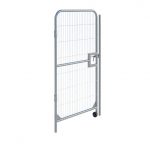 pedestrian gate with a castor wheel for smooth movement, a secure latch, and a latch post. The gate is designed for easy access and enhanced security within temporary fencing systems.