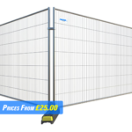 Standard budget anti-climb fence panel erected in a bright yellow thermoplastic foot, securely connected to an adjacent panel with a robust metal coupler. The fence features tightly woven mesh and reinforced corners, designed for security and durability.