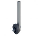 The image shows a caster wheel assembly. It consists of a sturdy metal bracket with a swivel mechanism, allowing the wheel to rotate 360 degrees. The wheel itself is made of durable material, likely rubber or polyurethane, designed for smooth movement and stability. The assembly includes a mounting plate with holes for screws or bolts, enabling secure attachment to various surfaces or equipment.