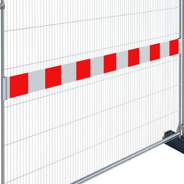 The image shows a section of a barrier or fence with vertical metal bars. Attached to the bars is a horizontal reflective strip composed of alternating red and white segments, likely intended for visibility enhancement.