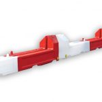 A series of interlocking slot block barriers, alternating in red and white colors. These barriers are designed for traffic control or to demarcate restricted areas. They have a modular design allowing for easy assembly and disassembly, with visible connectors between each block. Each barrier also features a slot to hold standard fence panels. The background is plain white, emphasizing the barriers’ colors and design.