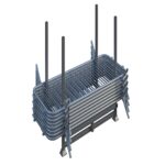 A metal crowd barrier stillage is shown against a white background. It contains 8 crowd barriers stacked up within the stillage to show how they are stored.