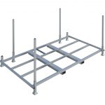 The image shows a fence panel stillage, which is a storage rack designed to hold and transport fence panels. It consists of a flat rectangular base frame with multiple horizontal support bars and four vertical posts at each corner extending upwards. The structure is made of metal, likely steel, and is colored in shades of grey, indicating it may be galvanized for durability. There are no fence panels currently stored on the stillage.