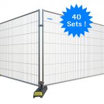 Budget anti-climb fence panel erected in a bright yellow thermoplastic foot, securely connected to an adjacent panel with a robust metal coupler. The fence features a tightly woven mesh and reinforced corners, designed for security and durability. A blue star overlay indicates that the offer includes 40 sets.
