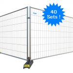 Budget Square Top fence panel erected in a bright yellow thermoplastic foot, securely connected to an adjacent panel with a robust metal coupler. The fence features larger pitch woven mesh and reinforced corners. A blue star overlay indicates that the offer includes 40 sets.