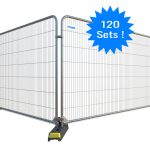 Heavy-duty round-top anti-climb fence panel erected in a bright yellow thermoplastic foot, securely connected to an adjacent panel with a robust metal coupler. The fence features tightly woven mesh and reinforced corners, designed for maximum security and durability. A blue star overlay indicates that the offer includes 120 sets.