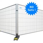 Budget anti-climb fence panel erected in a bright yellow thermoplastic foot, securely connected to an adjacent panel with a robust metal coupler. The fence features a tightly woven mesh and reinforced corners, designed for security and durability. A blue star overlay indicates that the offer includes 80 sets.