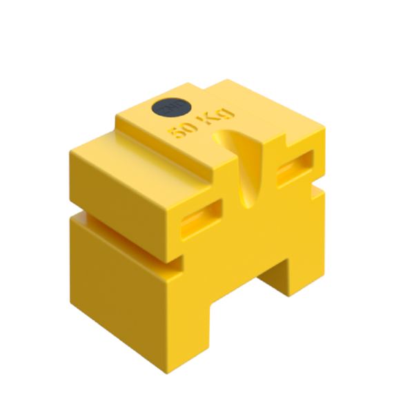 The image shows a yellow 50kg ballast block. It has a rectangular base with two cut-out sections on each long side, forming an “H” shape. On top of the base is a smaller rectangular section set back from the front edge, featuring a circular indentation labeled “50 kg” to indicate its weight. The design suggests it is used for stability or anchoring in various applications.