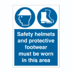 P.P.E Warning sign in white writing on a blue background. At the top of the sign is a silhouette of a person wearing a helmet and next to it is a pair of safety boots.