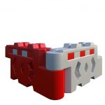 A series of interlocking red and white barriers, known as Bison barriers. Each barrier has an interlocking design on the ends, allowing them to be connected in a line. The top part of each barrier features reflective tape for visibility. The barriers have hollow sections to make them lighter and easier to move or fill with materials like water or sand for stability. They are designed for quick deployment and high visibility, often used for safety purposes at events or construction sites.