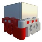 A Bison barrier featuring a sturdy base with alternating red and white sections, topped with a solid panel. The barrier is designed to be robust and visible. The background is plain white, highlighting the barrier’s design and functionality.