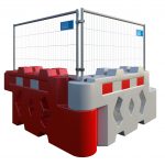 A Bison barrier featuring a sturdy base with alternating red and white sections, topped with a wide mesh panel. The barrier is designed to be robust and visible, with blue square signs attached to the upper part of the mesh. The background is plain white, highlighting the barrier’s design and functionality.