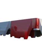 A series of interlocking pyramid-shaped barriers in alternating colors of red and white. The barriers are designed with a broad base and a flat top, creating a continuous line that could serve as a traffic or crowd control measure. The image is set against a plain white background with no other objects or scenery to distract from the barriers themselves.