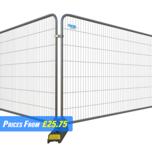 Heavy-duty anti-climb fence panel erected in a bright yellow thermoplastic foot, securely connected to an adjacent panel with a robust metal coupler. The fence features tightly woven mesh and reinforced corners, designed for maximum security and durability.