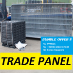 Round top anti-climb panels banded together, displayed alongside a stillage of thermoplastic blocks and a bag of couplers. A promotional overlay indicates that the bundle includes 60 panels, 60 feet, and 60 couplers.