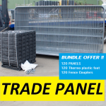Round top anti-climb panels banded together, displayed alongside a stillage of thermoplastic blocks and a bag of couplers. A promotional overlay indicates that the bundle includes 120 panels, 120 feet, and 120 couplers.