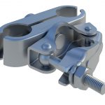 The image shows a scaffold pole to panel coupler fitting, used to securely join a scaffold tube with a panel or another tube at a right angle. The fitting is made of metal, likely steel, and consists of two main parts hinged together. One part has two semi-circular recesses to accommodate the scaffold pole, while the other part clamps onto the edge of a panel. An anti-tamper fitting is visible as an additional smaller bolt with a specialized head, requiring a specific tool to adjust, providing added security against loosening or tampering.