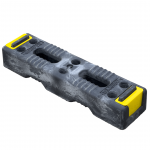 A high-visibility block with a rugged black surface and bright yellow accents on the corners. The block is made of durable material and features multiple indentations and holes for grip or attachment purposes. It is designed for industrial or construction use, ensuring visibility and safety.